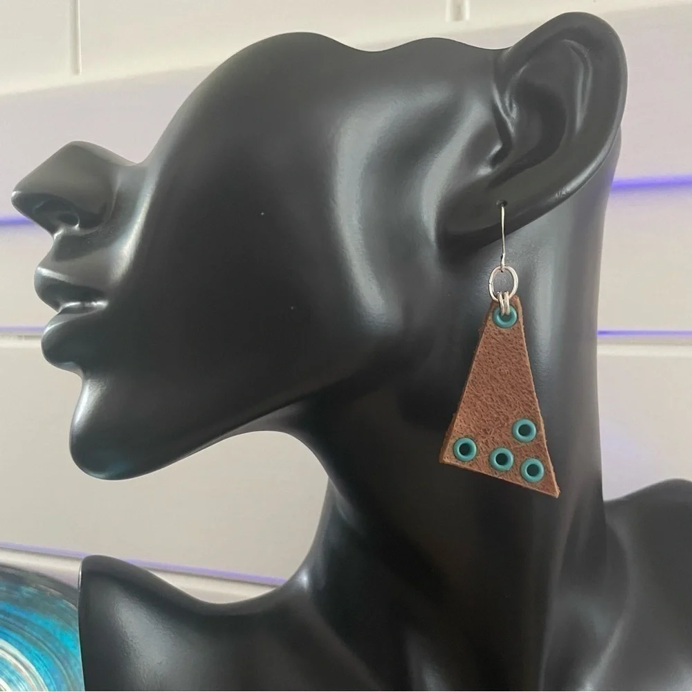 2/$29 Handmade Triangle Leather & Grommet Earrings 2.5